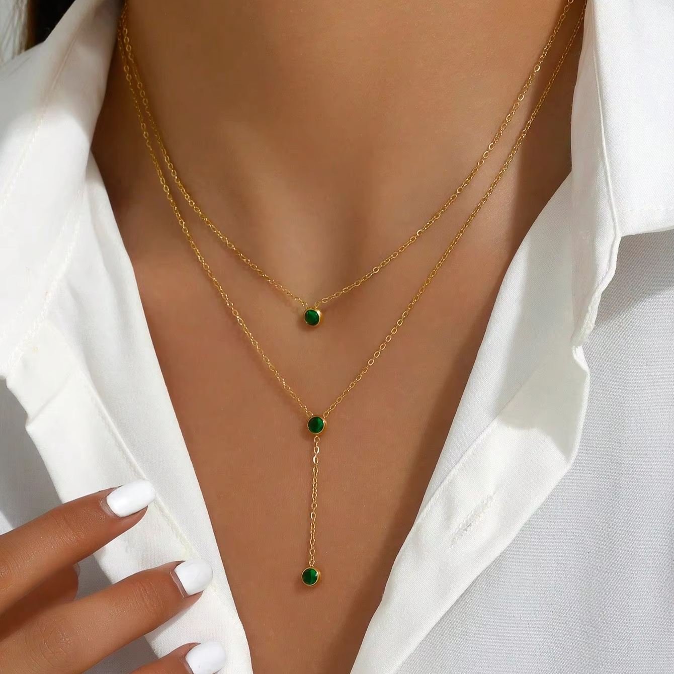 Fashion Stainless Steel Y Shape Multi Layered Green Zirconia Necklace Women Jewelry