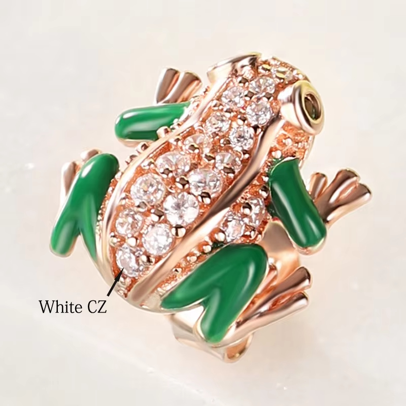 Fashion jewelry Women's Shiny White Cubic Zirconia Green Enamel Frog Stud Earrings Pure 925 Sterling Silver Gift