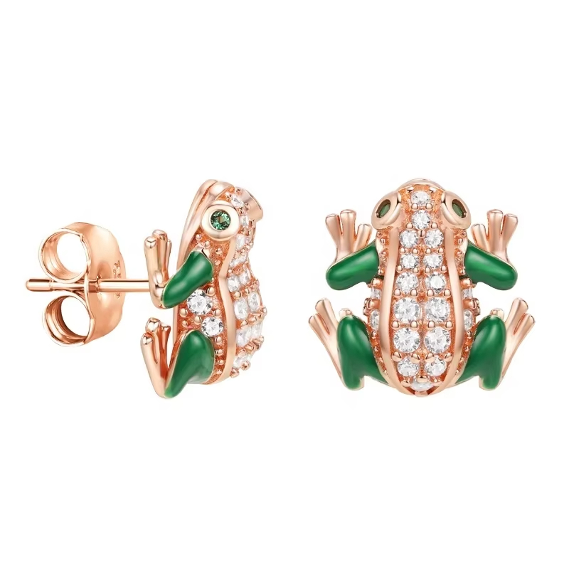 Fashion jewelry Women's Shiny White Cubic Zirconia Green Enamel Frog Stud Earrings Pure 925 Sterling Silver Gift