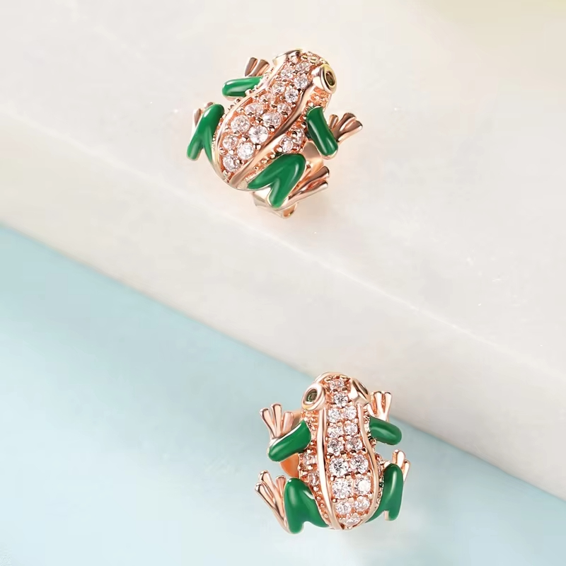 Fashion jewelry Women's Shiny White Cubic Zirconia Green Enamel Frog Stud Earrings Pure 925 Sterling Silver Gift