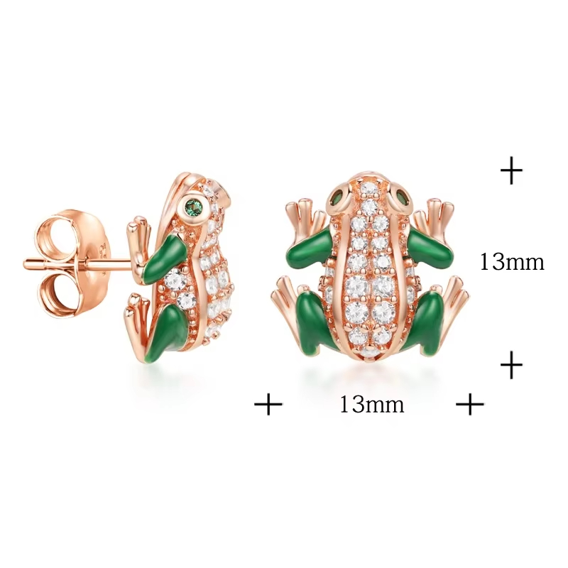 Fashion jewelry Women's Shiny White Cubic Zirconia Green Enamel Frog Stud Earrings Pure 925 Sterling Silver Gift