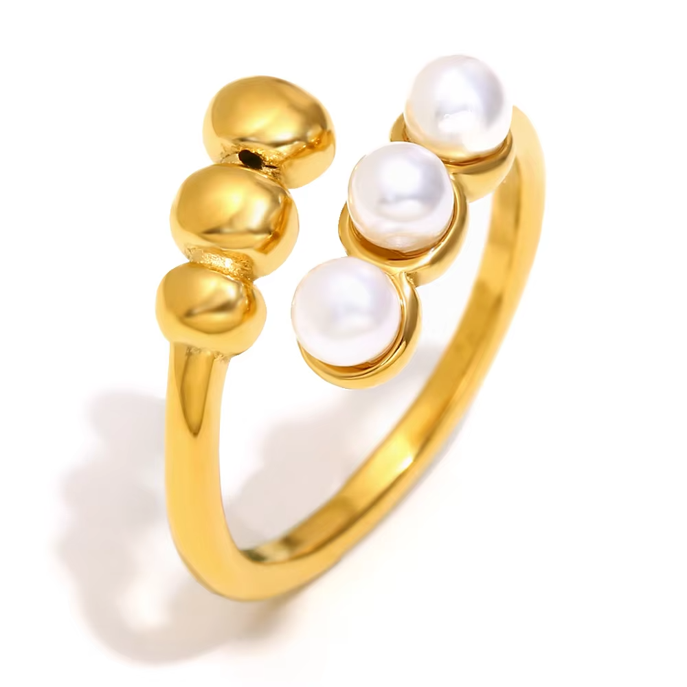 Fashionable Open Pearl Ring for Women in 18K Gold Plated Stainless Steel