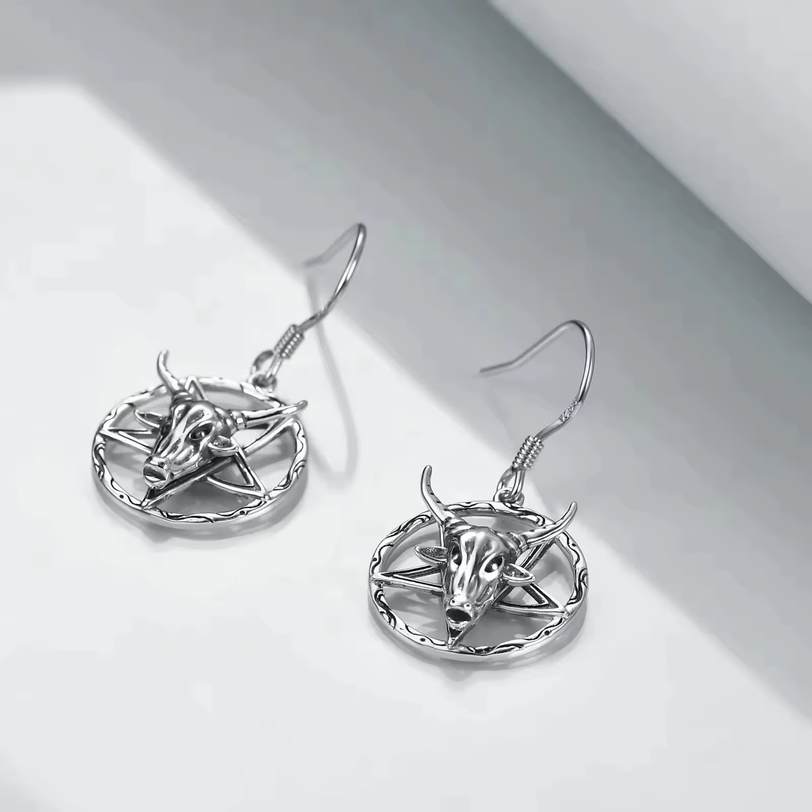 Fine Punk Jewelry 925 Sterling Silver Oxidized Satanic Goat Head Design Hook Earrings