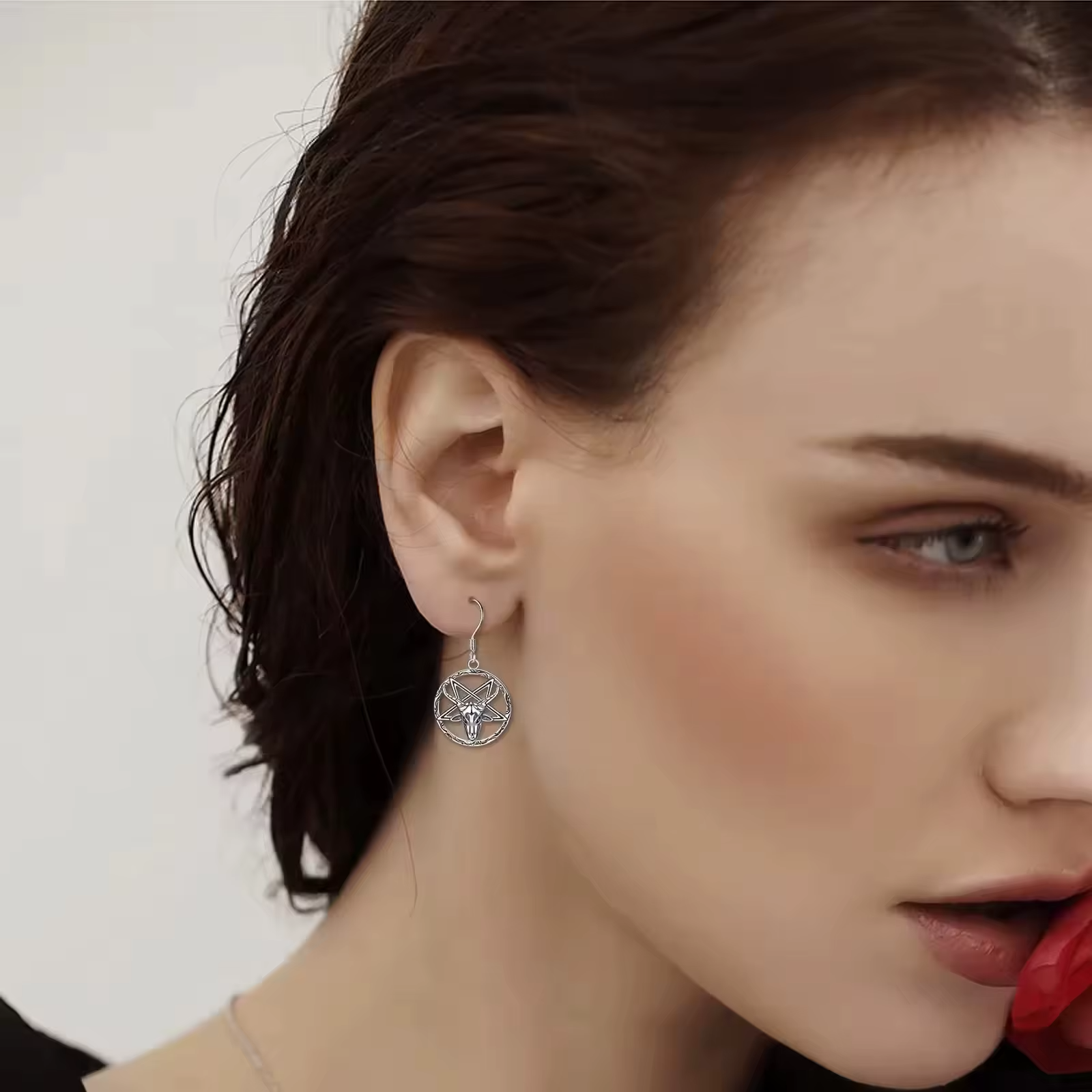 Fine Punk Jewelry 925 Sterling Silver Oxidized Satanic Goat Head Design Hook Earrings