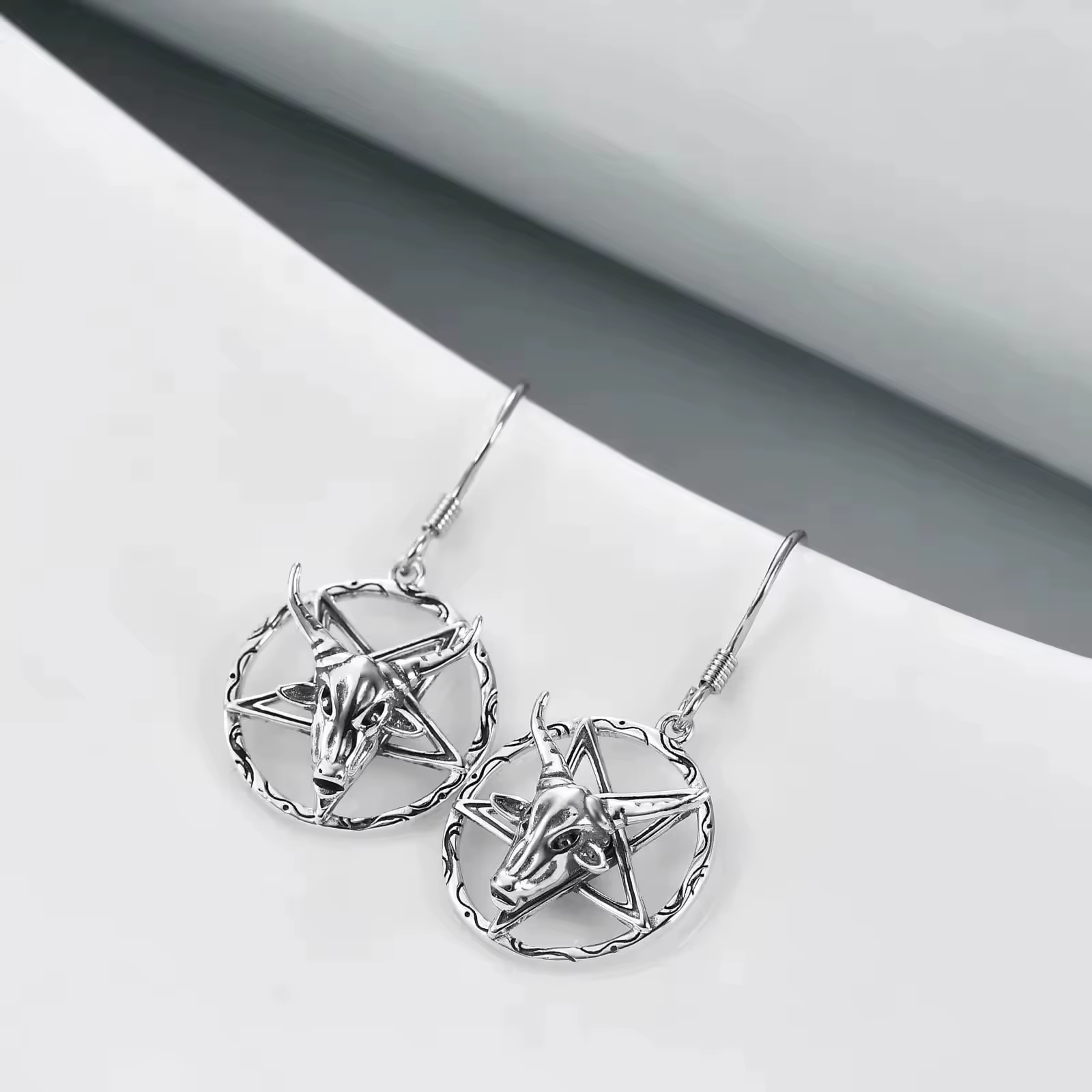 Fine Punk Jewelry 925 Sterling Silver Oxidized Satanic Goat Head Design Hook Earrings