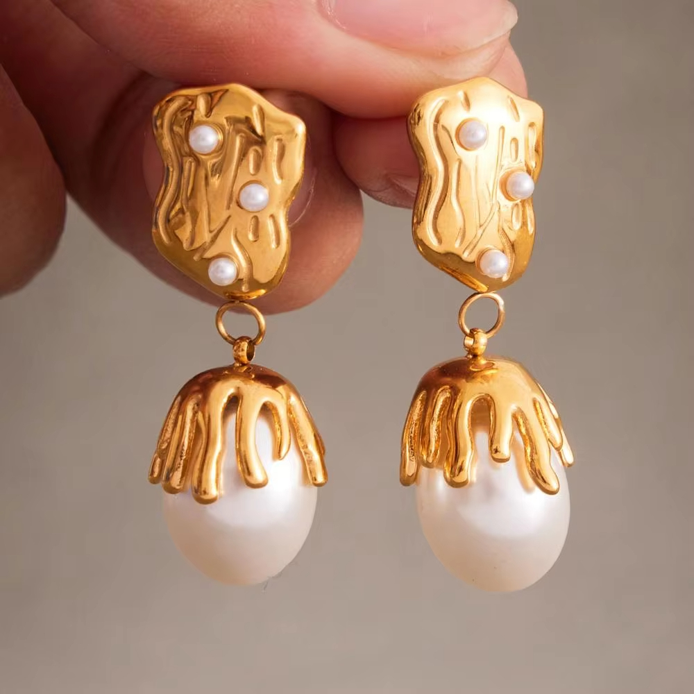 French Geometric Baroque Pearl Design Pendant Earring Necklace Irregular Stainless Steel Gold Plated Stud Earring for Women Girl