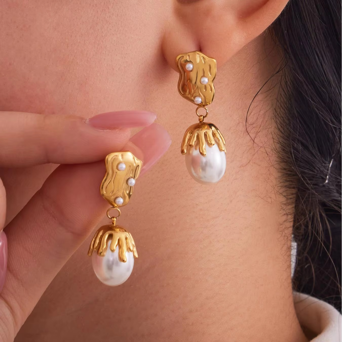 French Geometric Baroque Pearl Design Pendant Earring Necklace Irregular Stainless Steel Gold Plated Stud Earring for Women Girl