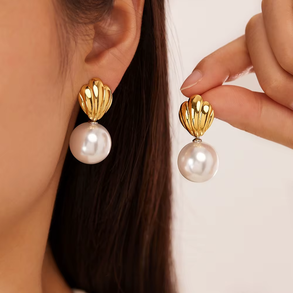 French Style Gold Plated Retro Titanium Steel Pearl Drop Earrings for Women Stainless Steel Shell Jewelry