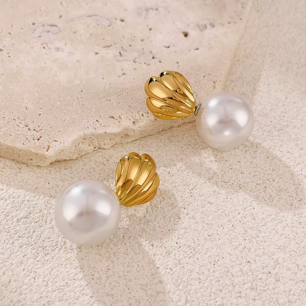 French Style Gold Plated Retro Titanium Steel Pearl Drop Earrings for Women Stainless Steel Shell Jewelry