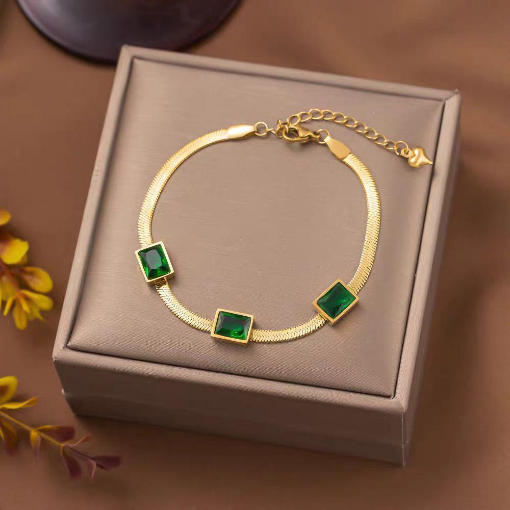 Geili Gold Stainless Steel Bracelet with Green Emerald Cut Stones - Adjustable Chain, Elegant OEM Jewelry Supplier