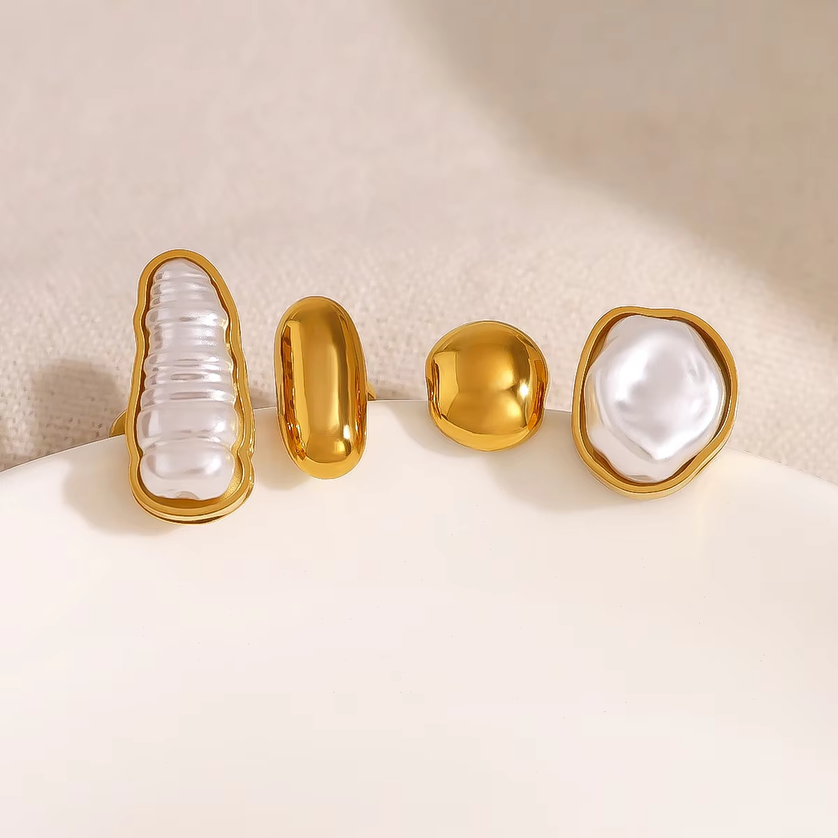 Geometric Pearl Open Ring Set – 18K Gold Plated Stainless Steel Personality Jewelry for Women