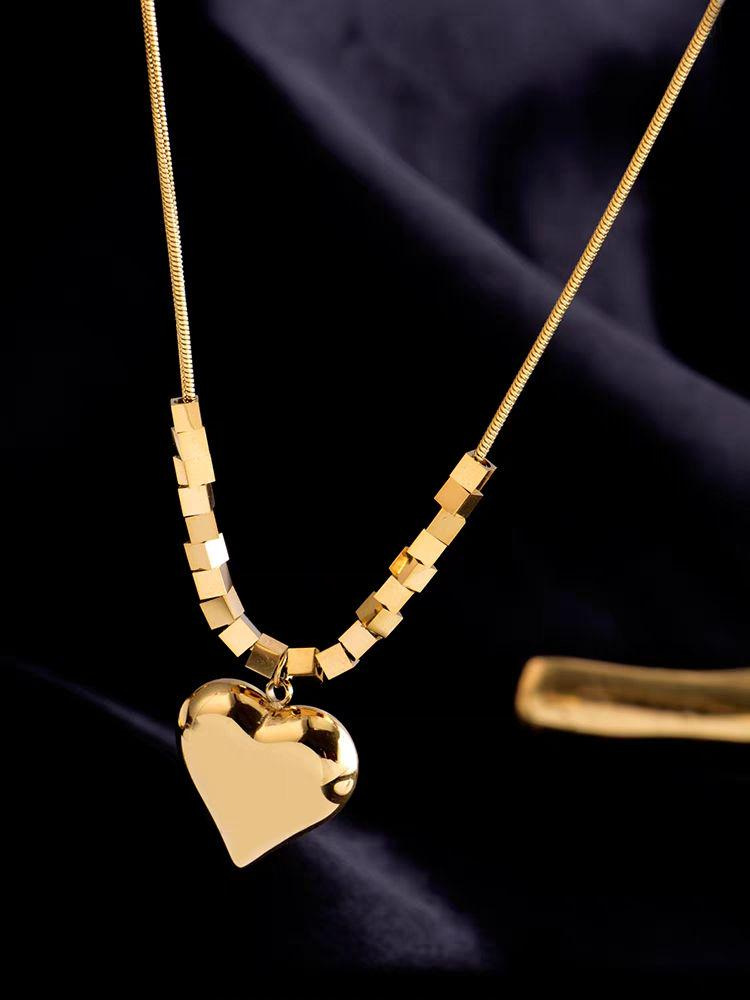Gold-Tone Titanium Steel Heart Pendant Necklace – Geometric Bead Chain for Women