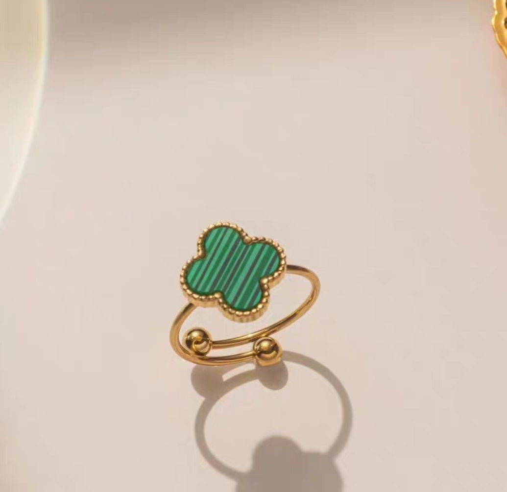 Gold Adjustable Four Leaf Clover Ring Malachite Green Stainless Steel