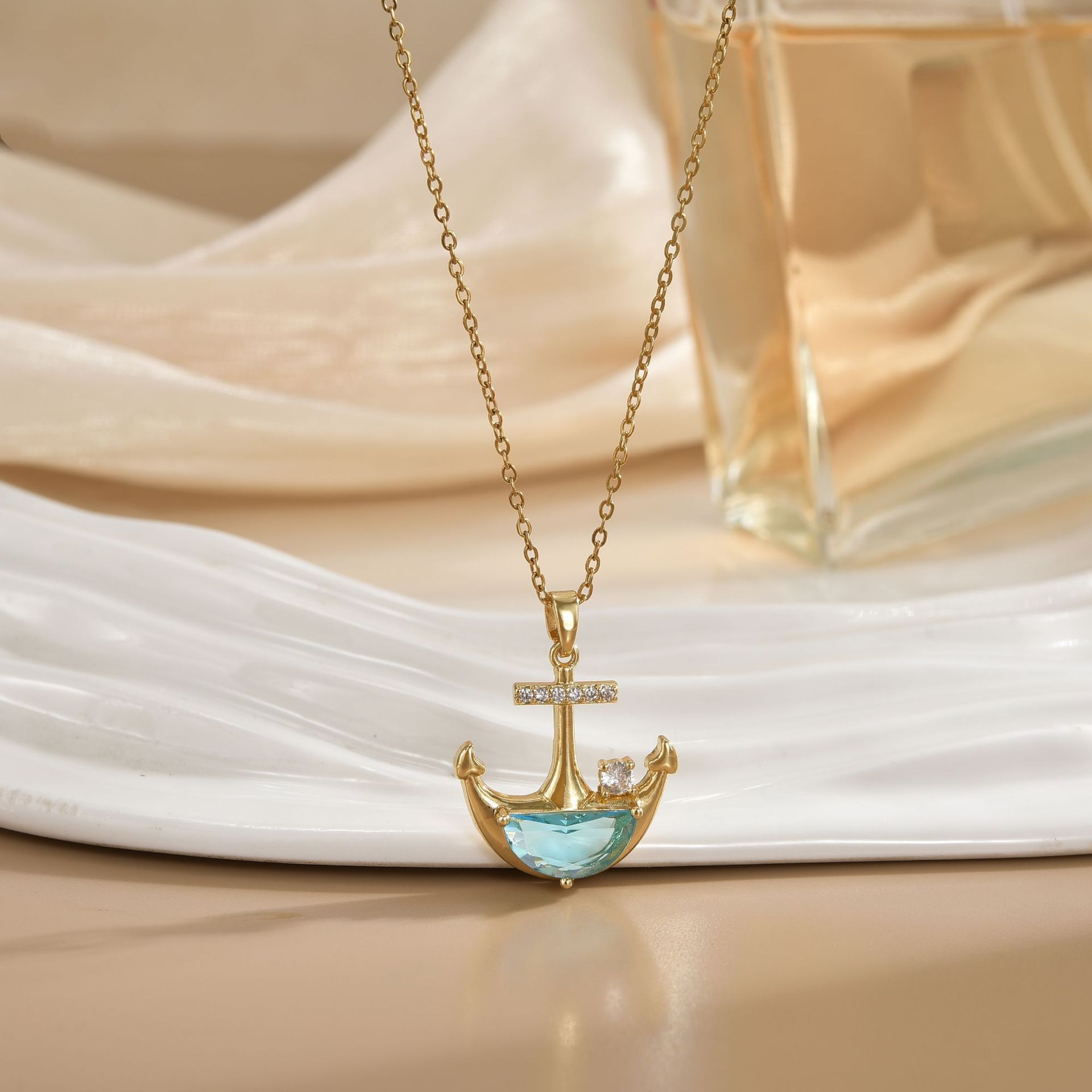 Gold Anchor Necklace for Women – Nautical Blue Gemstone Pendant Necklace