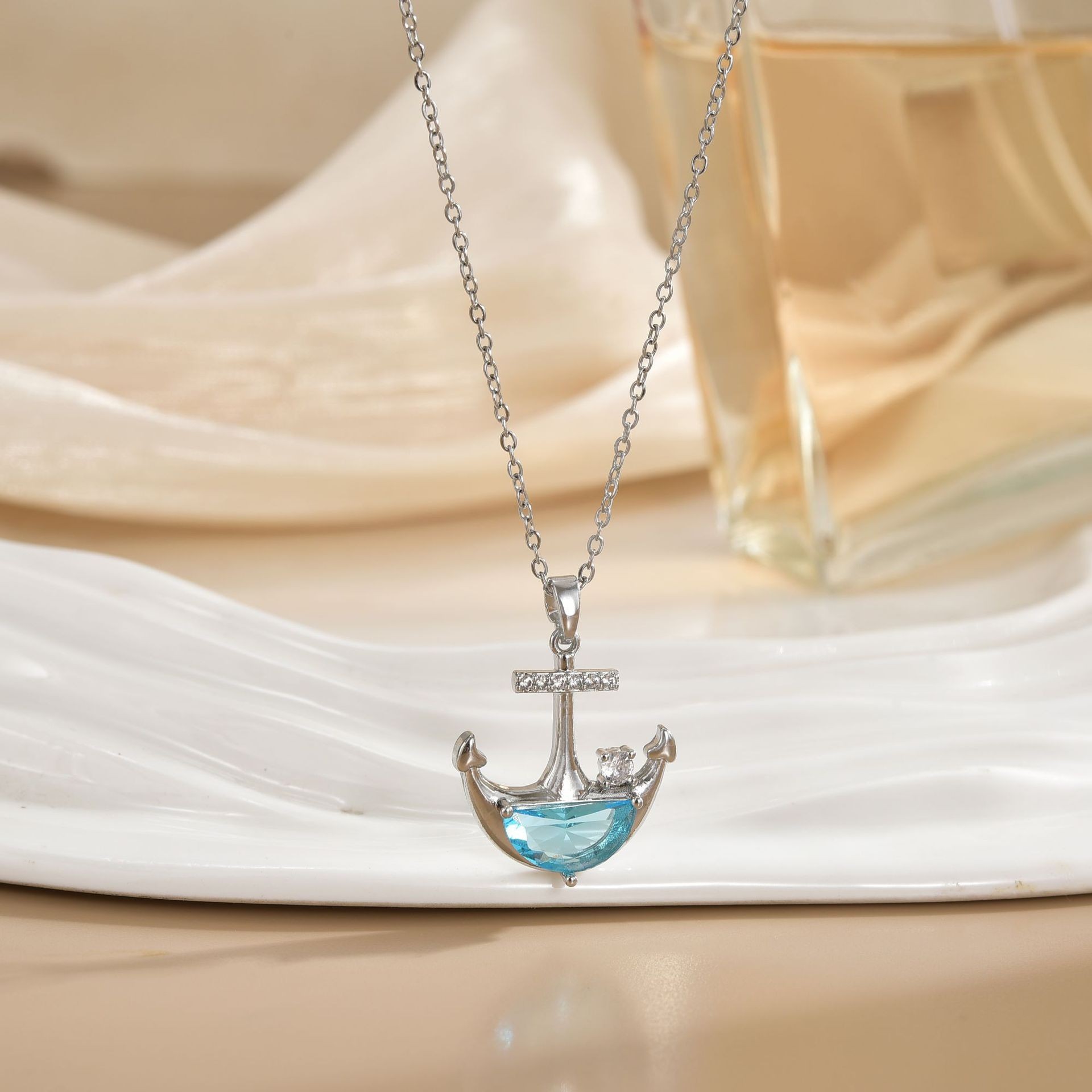 Gold Anchor Necklace for Women – Nautical Blue Gemstone Pendant Necklace