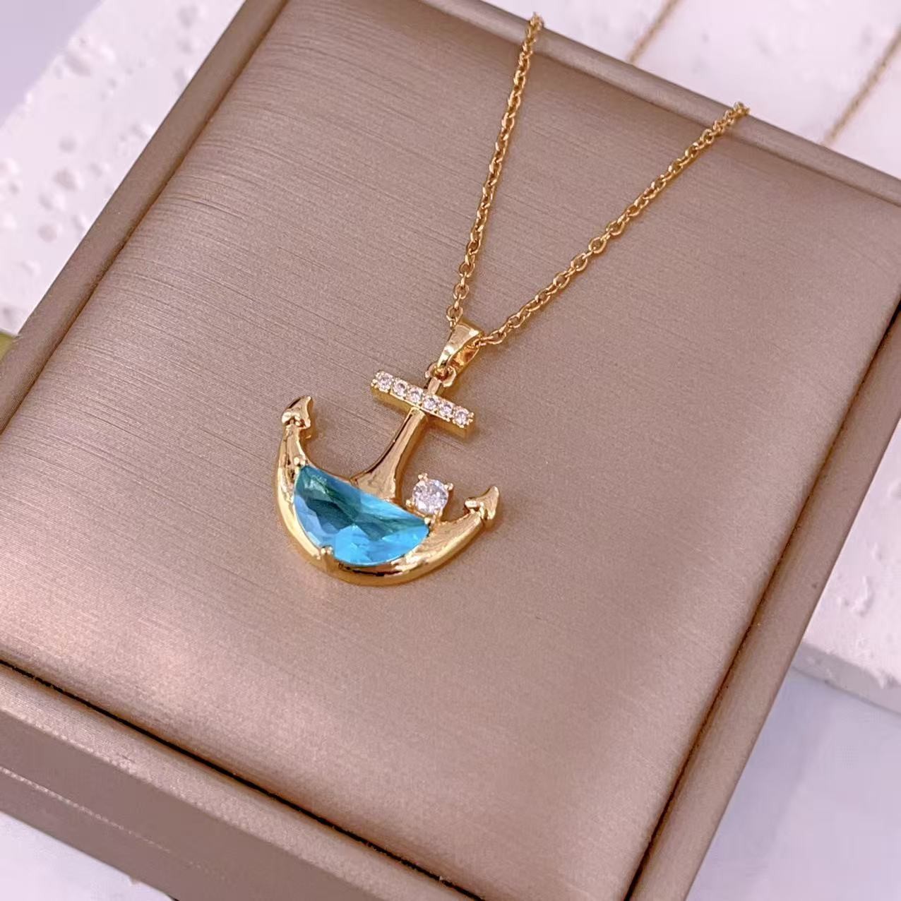 Gold Anchor Necklace for Women – Nautical Blue Gemstone Pendant Necklace