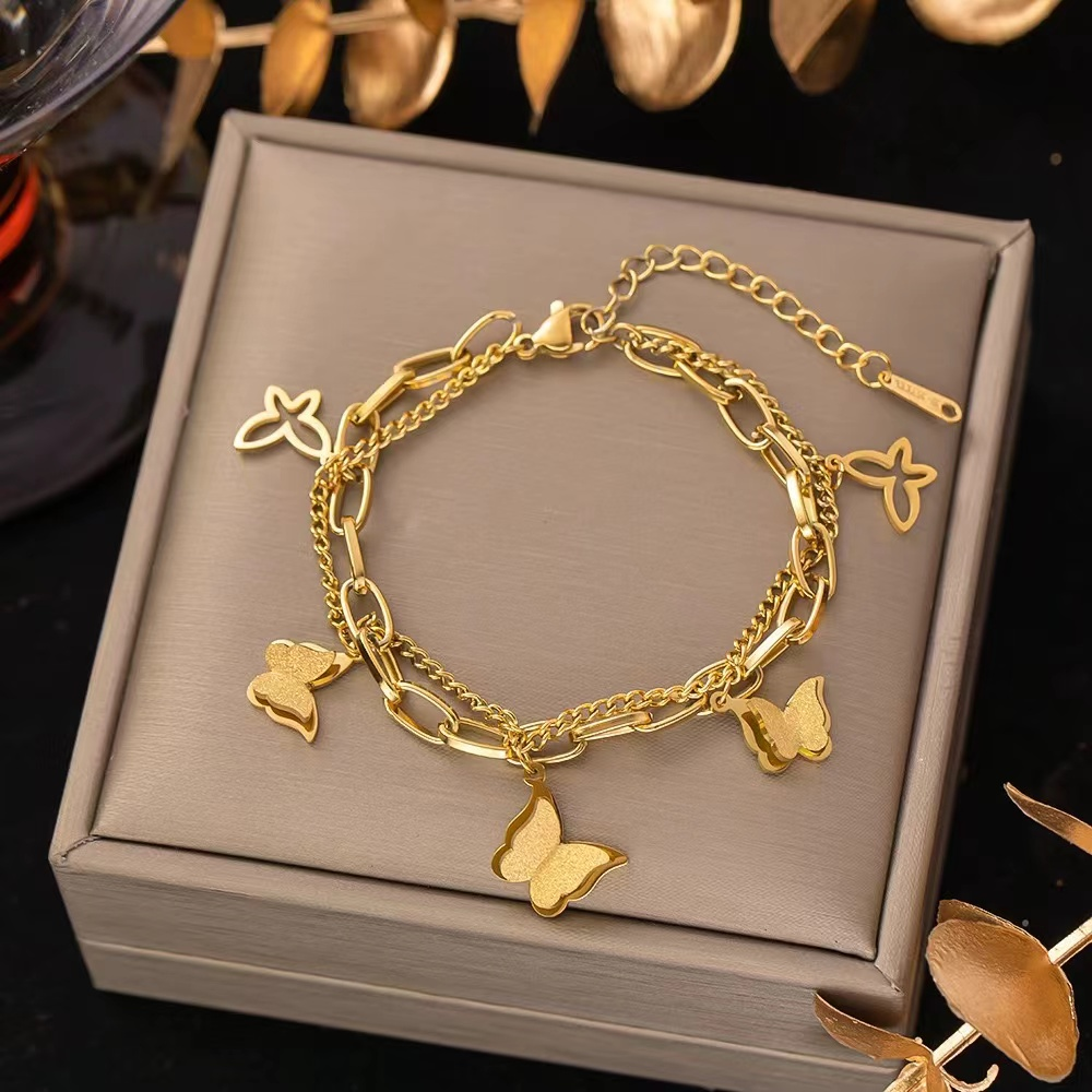 Gold Butterfly Charm Bracelet – Elegant Double Chain Jewelry for Women