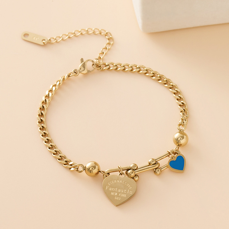 Black Enamel Heart Charm Bracelet – Elegant Gold Chain for Women