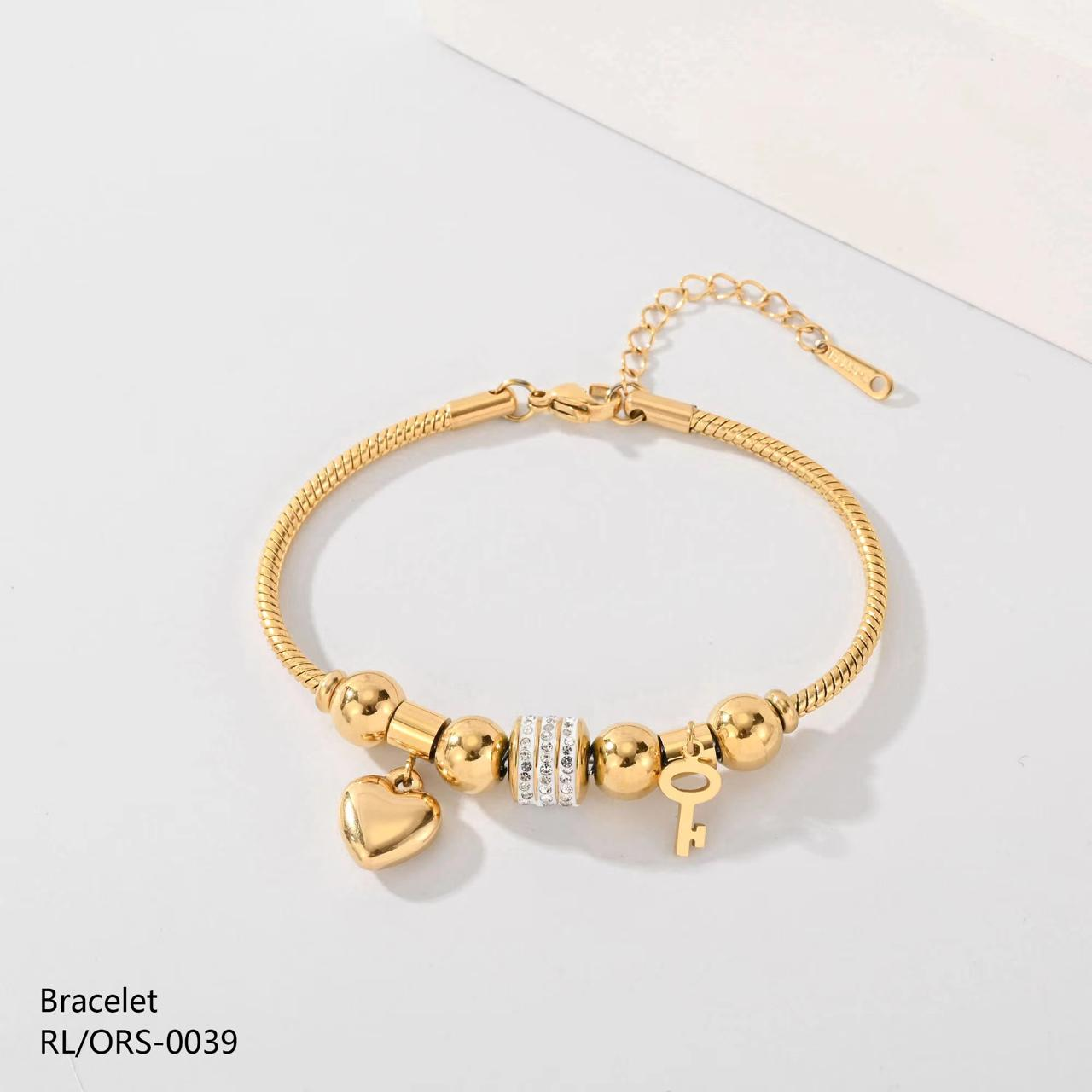 Gold Charm Beaded Bracelet for Women - Heart & Key Pendant with Sparkling Spacer Beads - Adjustable Fashion Jewelry Gift