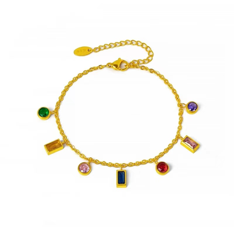 Gold Charm Bracelet with Colorful Gemstone Pendants – Dainty Luxury Jewelry