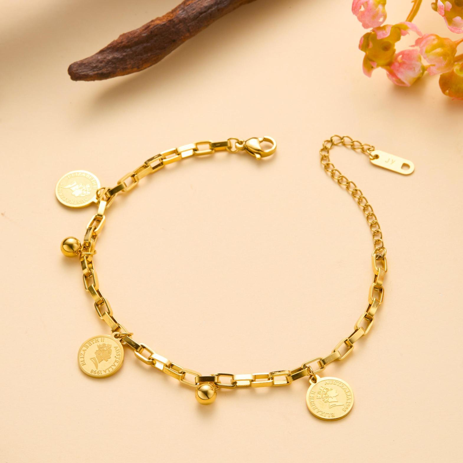 Gold Coin Charm Bracelet for Women – Adjustable Box Chain Bracelet with Dangle Coins & Balls, Fashion Statement Jewelry Gift