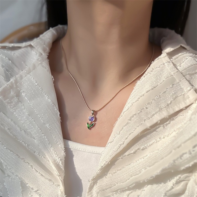 Gold Flower Necklace for Women – Colorful Tulip Pendant Necklace Fashion Jewelry Gift