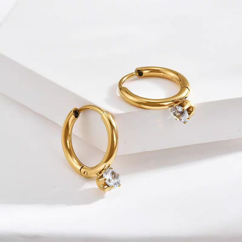 Gold Hoop Earrings with Clear Cubic Zirconia Dangle – 18K Gold Plated Stainless Steel Huggie Hoop Earrings for Women – Elegant Everyday Jewelry