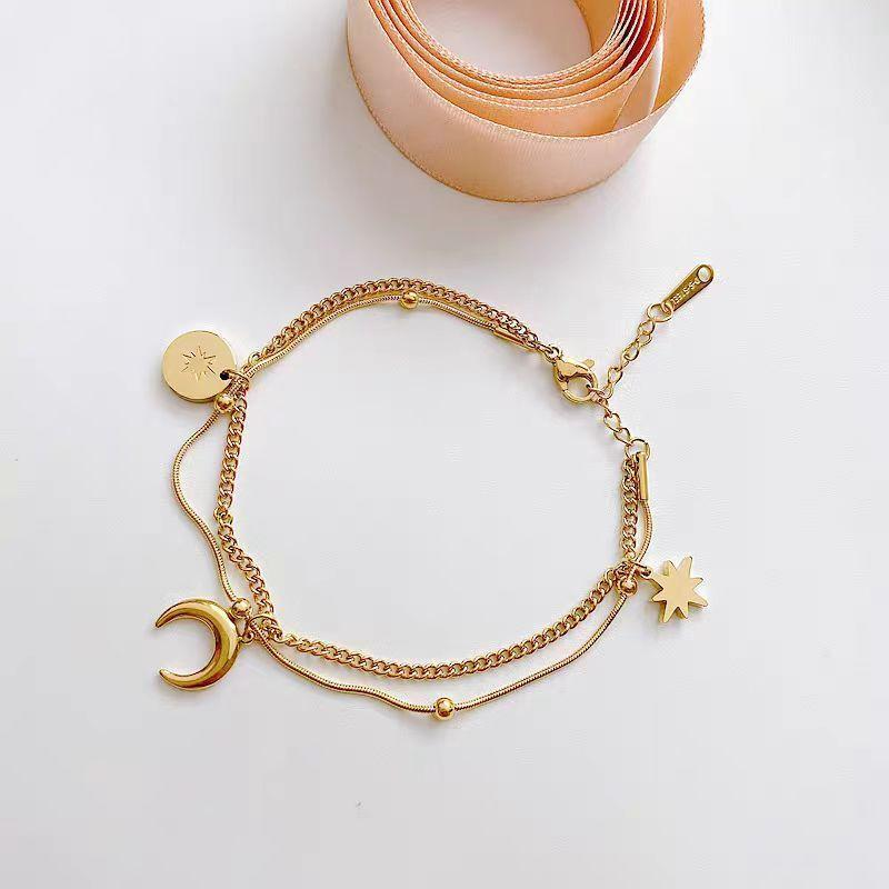 Gold Layered Moon Star Charm Bracelet for Women – 18K Plated Stainless Steel Fashion Jewelry, Adjustable & Stackable OEM