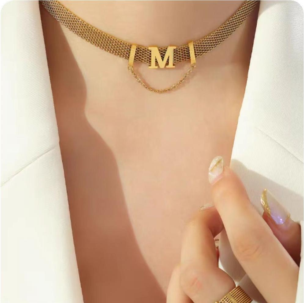 Gold Mesh Choker Necklace with Letter M Pendant – Bold Statement Jewelry