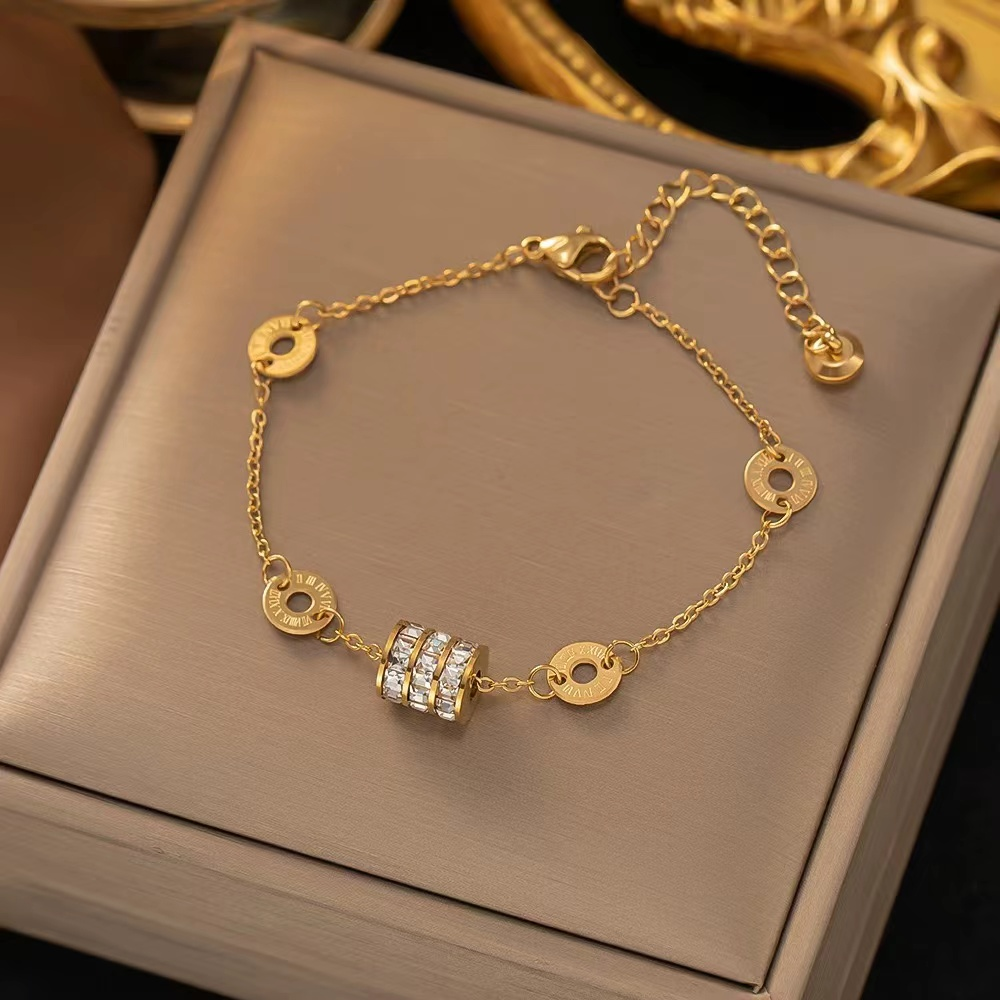 Gold Roman Numeral Charm Bracelet with Crystal Accents – Adjustable Women's Jewelry