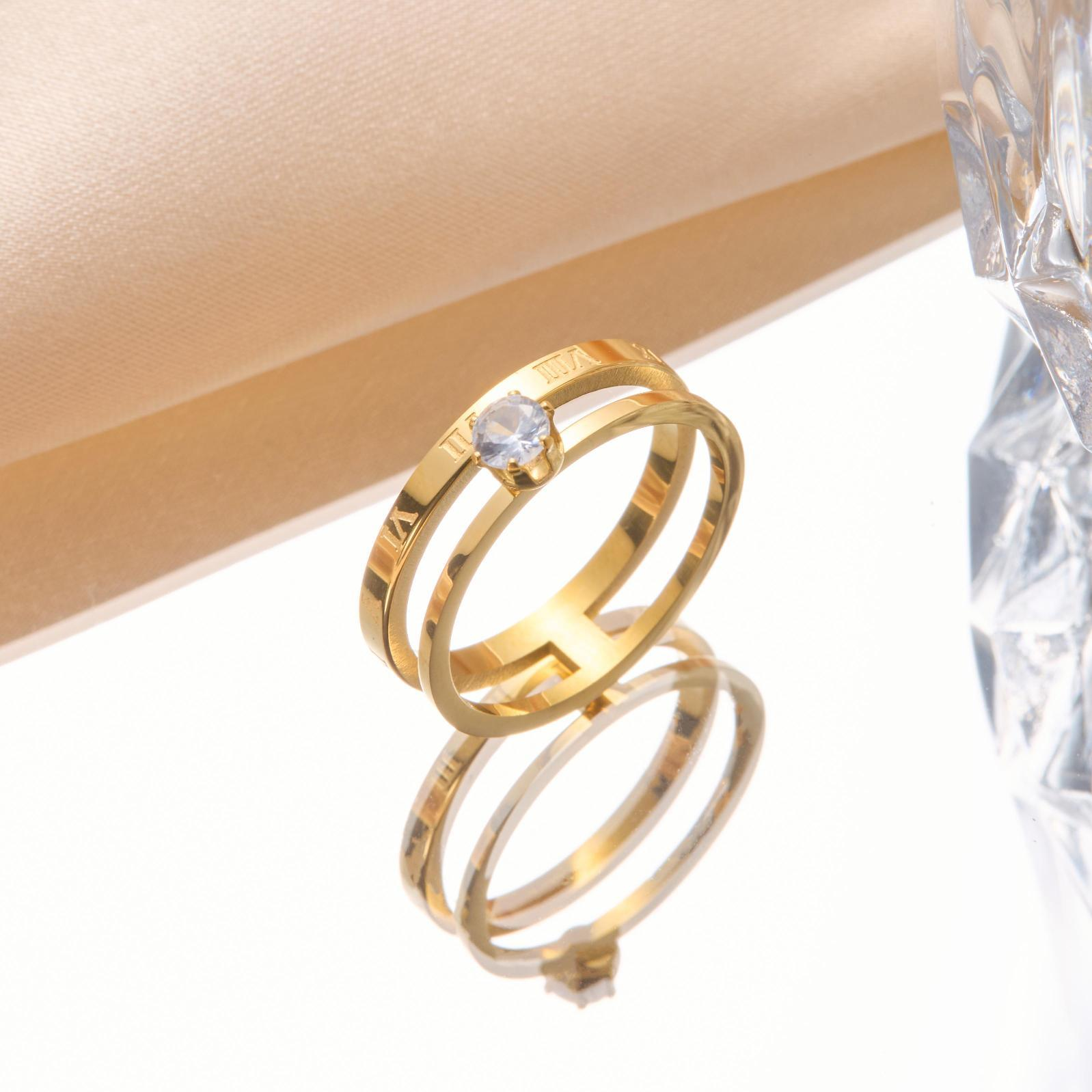 Gold Roman Numeral Solitaire Ring Adjustable Stainless Steel for Women