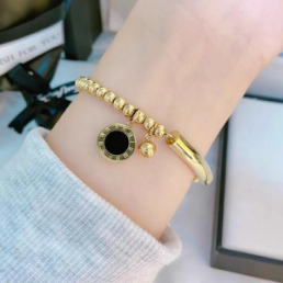 Gold Stainless Steel Beaded Charm Bracelet with Black Enamel Pendant – Trendy Jewelry by Geili