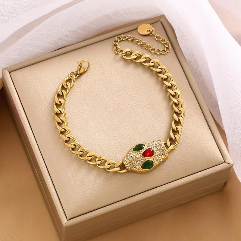 Gold Stainless Steel Cuban Chain Snake Head Bracelet for Women – Red & Green Crystal Eyes, Adjustable Statement Jewelry, OEM/Wholesale