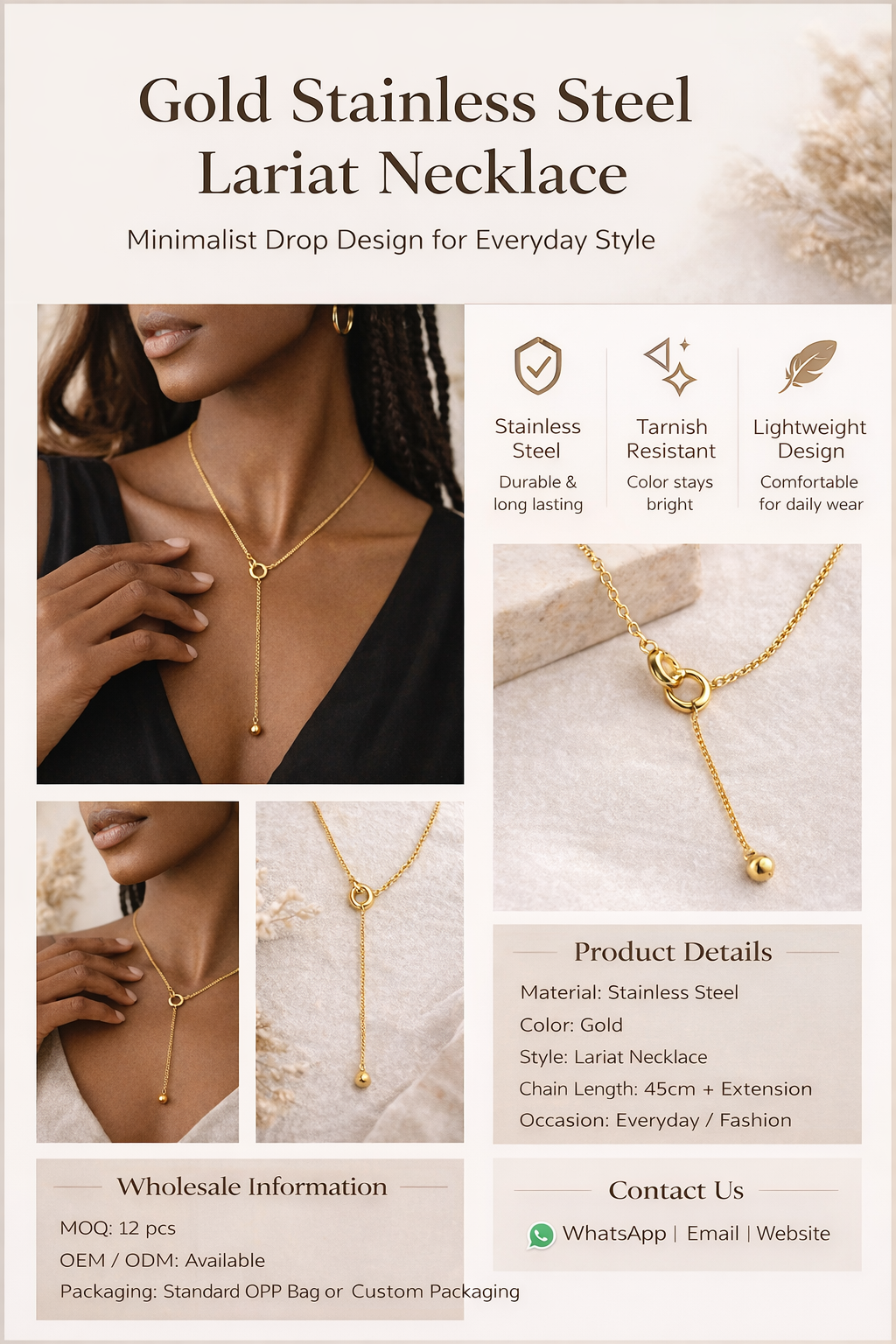 Gold Stainless Steel Y Necklace Minimalist Stainless Steel Necklace for Women Fashion Stainless Steel Jewelry