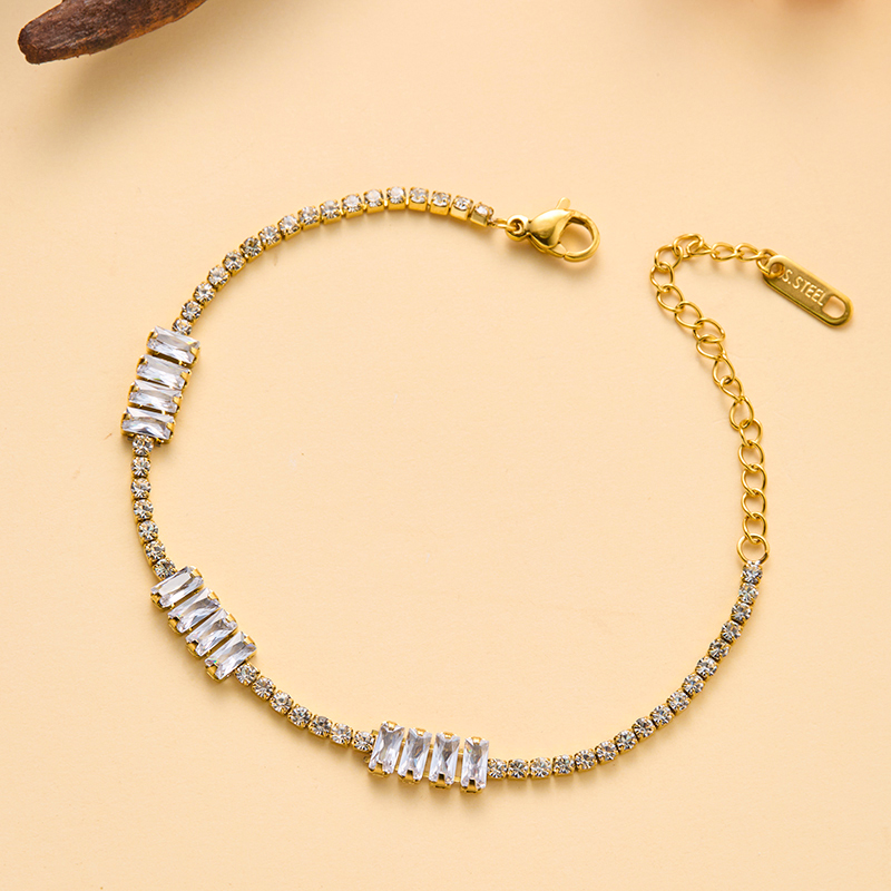 Gold Tennis Bracelet for Women - Baguette & Round Cut Crystals - Adjustable Stainless Steel Jewelry Gift