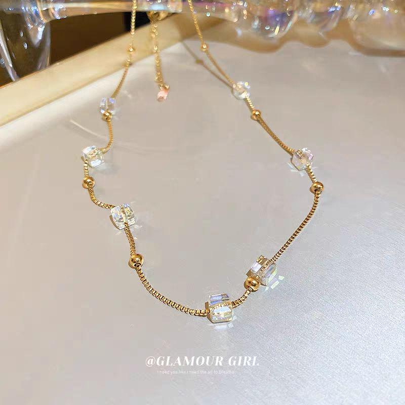 Gold Titanium Steel Cube Crystal Beaded Necklace – Iridescent Dreamy Chain for Women