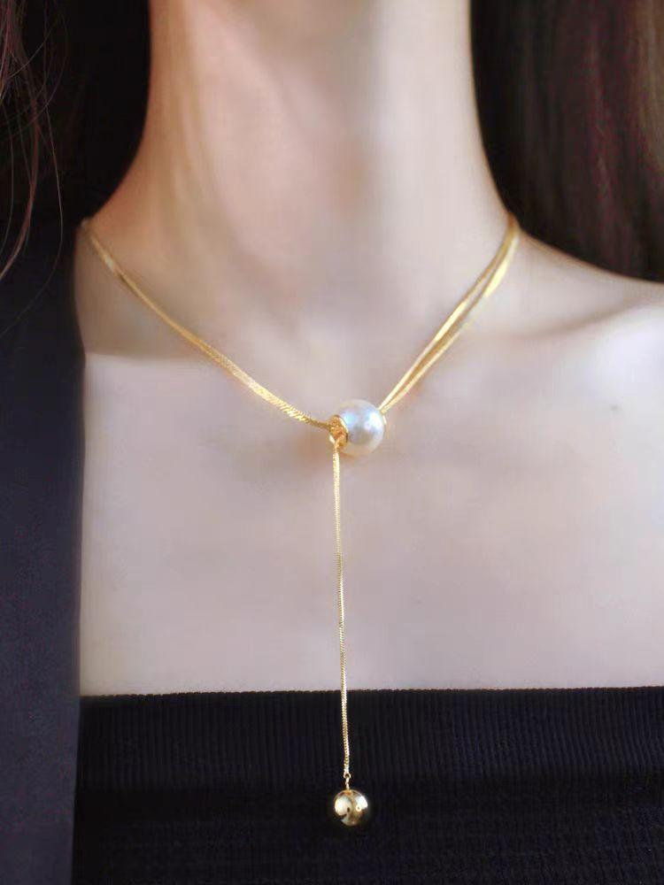 Gold Titanium Steel Pearl Y Necklace – Elegant Adjustable Drop Pendant for Women