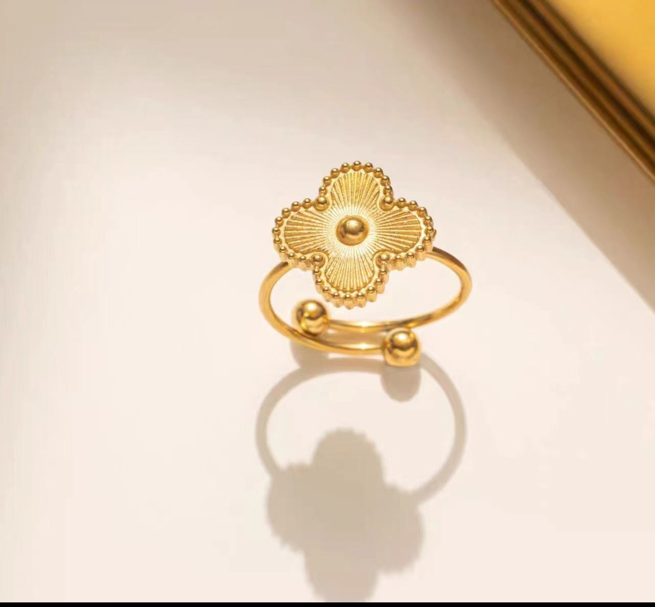 Golden Clover Adjustable Finger Ring – Elegant Gold Finger Ring for Ladies