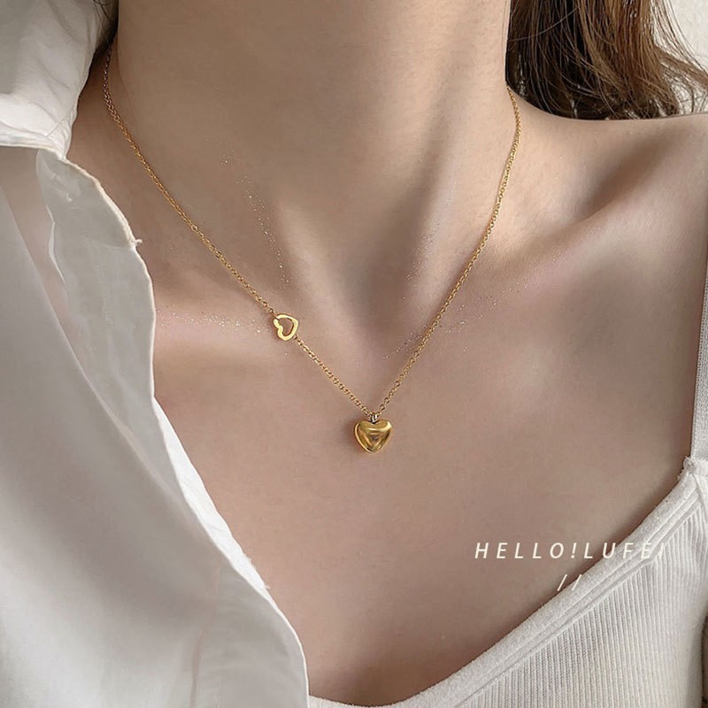 Gold Titanium Steel Heart Pendant Necklace – Double Heart Design