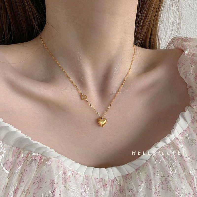 Gold Titanium Steel Heart Pendant Necklace – Double Heart Design