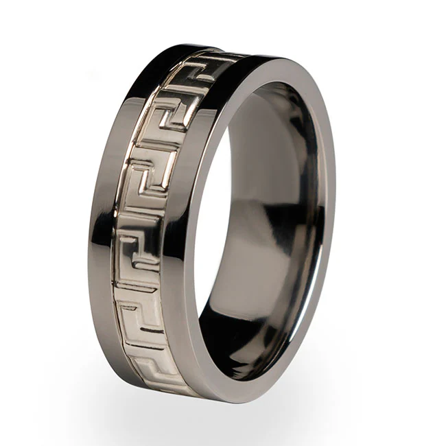 Greek Key Pattern Stainless Steel Ring Bold Design Trendy Ring