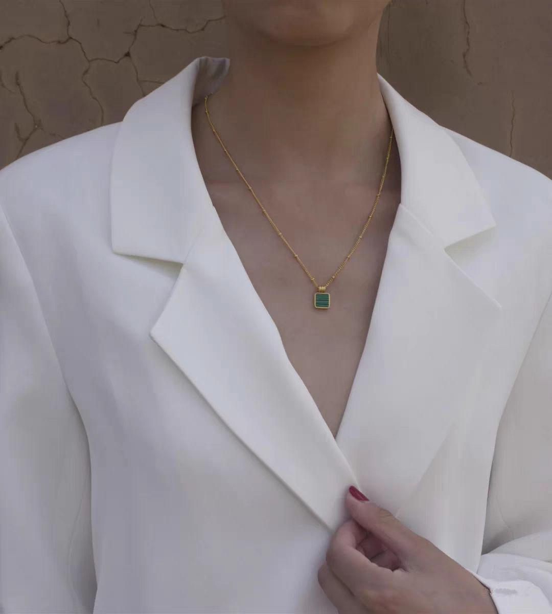 Green Enamel Square Pendant Necklace – 18K Gold Plated Stainless Steel Minimalist Jewelry for Women