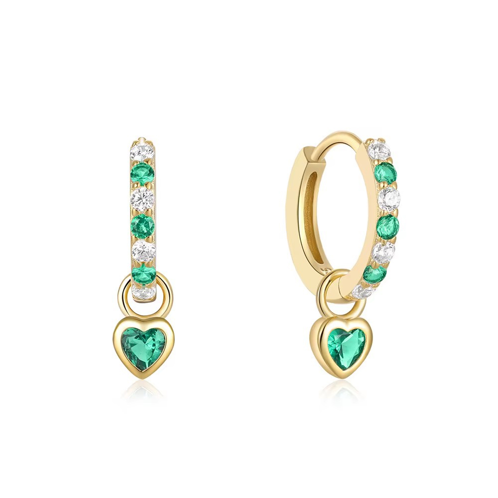 Green Heart Crystal Huggie Hoop Earrings – Bold Ear Hangings with Gold Finish