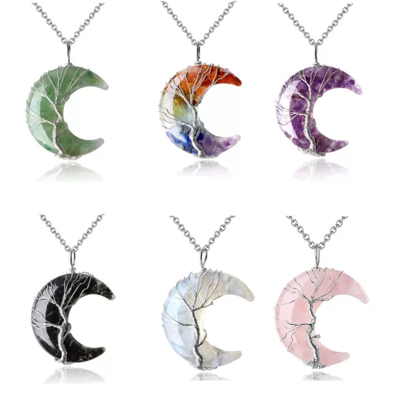 Handmade Natural Gravel Stone Resin Tree of Life Wire Wrapped 7 Chakra Crescent Moon Pendant Necklace
