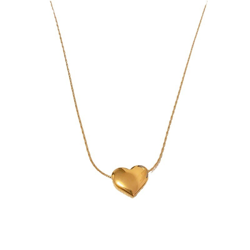 Minimalist Titanium Steel Heart Pendant Necklace – Polished Gold Love Charm for Women