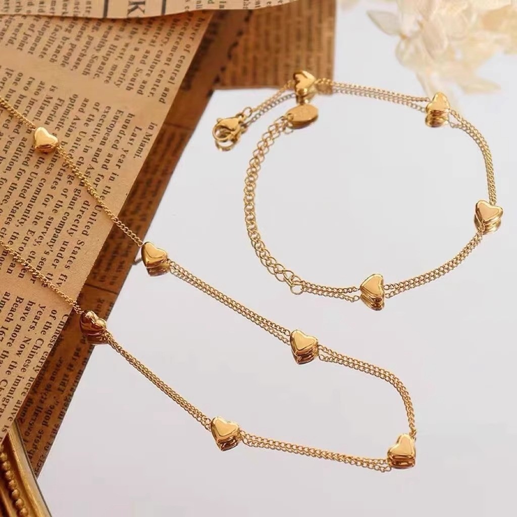 Gold-Tone Titanium Steel Heart Charm Necklace for Women
