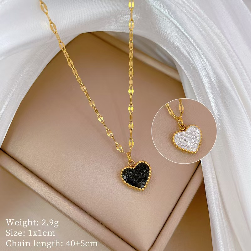 Heart Pendant Necklace – Black & White Crystal Love Charm with Gold Chain, Elegant Jewelry Gift
