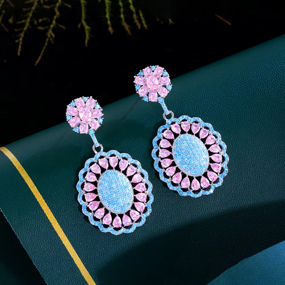 High Quality Fashion Pink Blue Jewelry Turquoise Zircon Flower Drop Earrings for Women Banquet Party Wedding Accessories