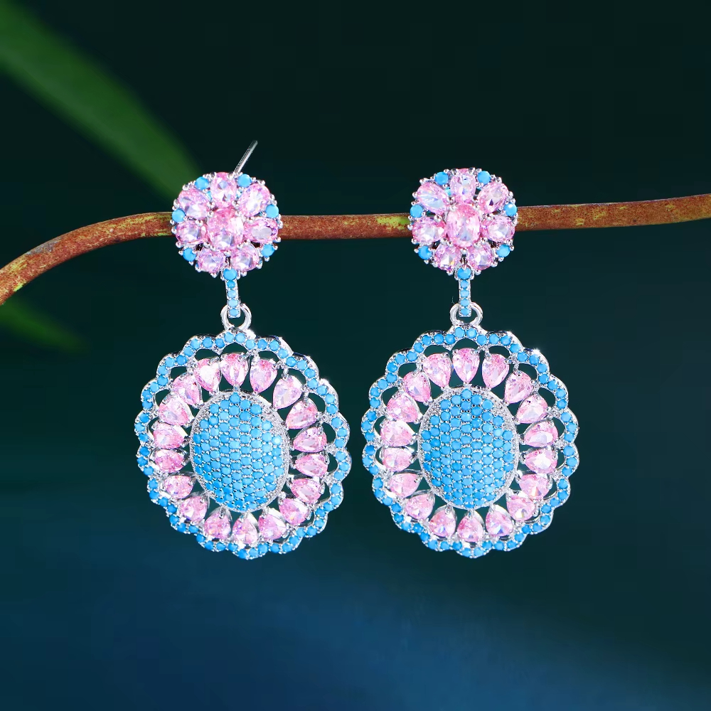 High Quality Fashion Pink Blue Jewelry Turquoise Zircon Flower Drop Earrings for Women Banquet Party Wedding Accessories