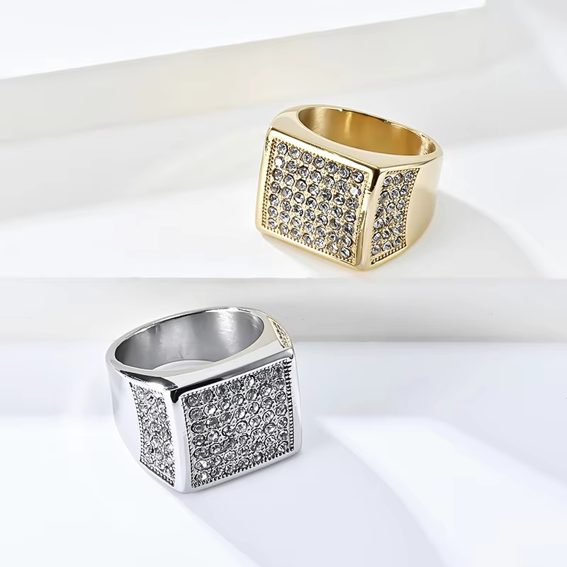 Hip Hop Bling Square Ring – 18K Gold & Silver Plated Stainless Steel Iced Out Diamond Style Ring